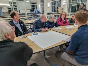 Residents gather at a breakout session to discuss transportation with members of the Planning Board and CPAC.