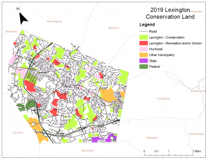 Map of Lexington showing lands that are conservation, recreation and school, municipal, state, federal in 2019